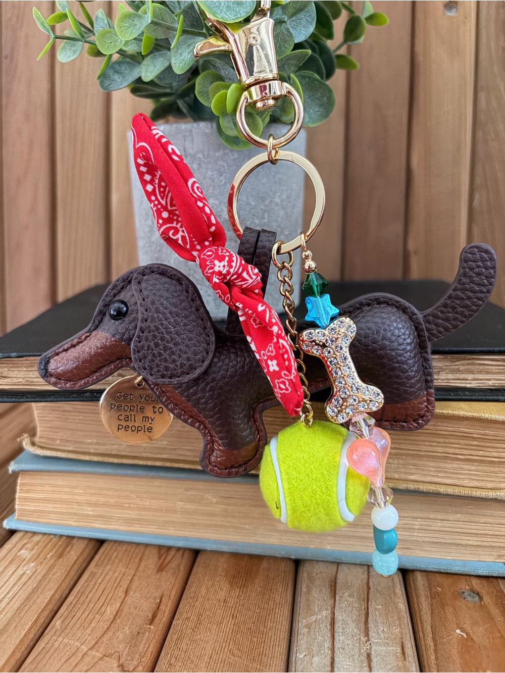 Dachshund Dog Keychain Charm with Tennis Ball & Crystal Bone